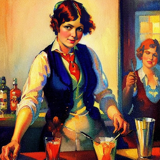 09177-818265532-sd-prohib a female bartender in a white shirt, vest and tie making a cocktail during prohibition, medium brushstrokes, painterly.png